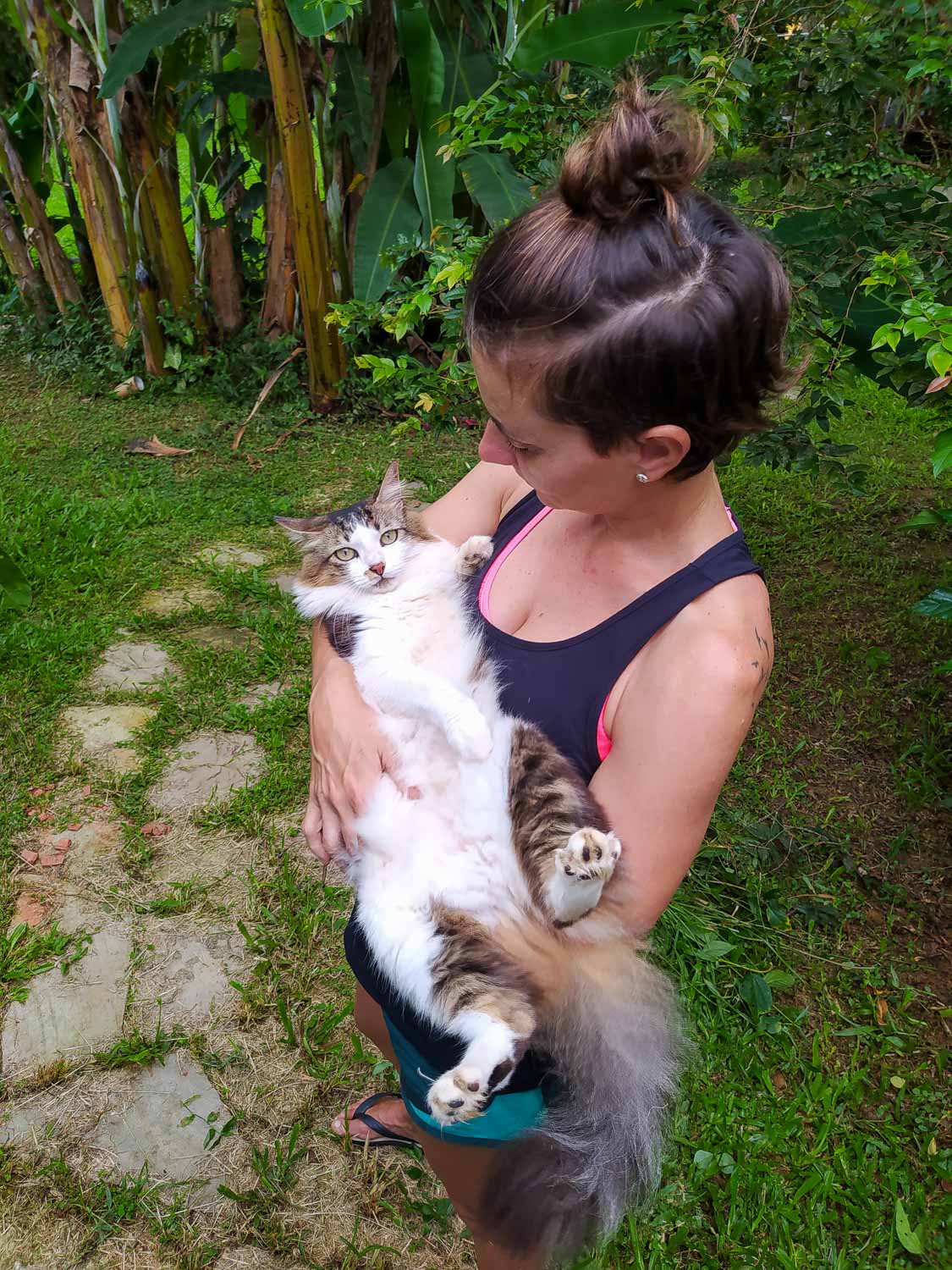 mulher com um gato no colo